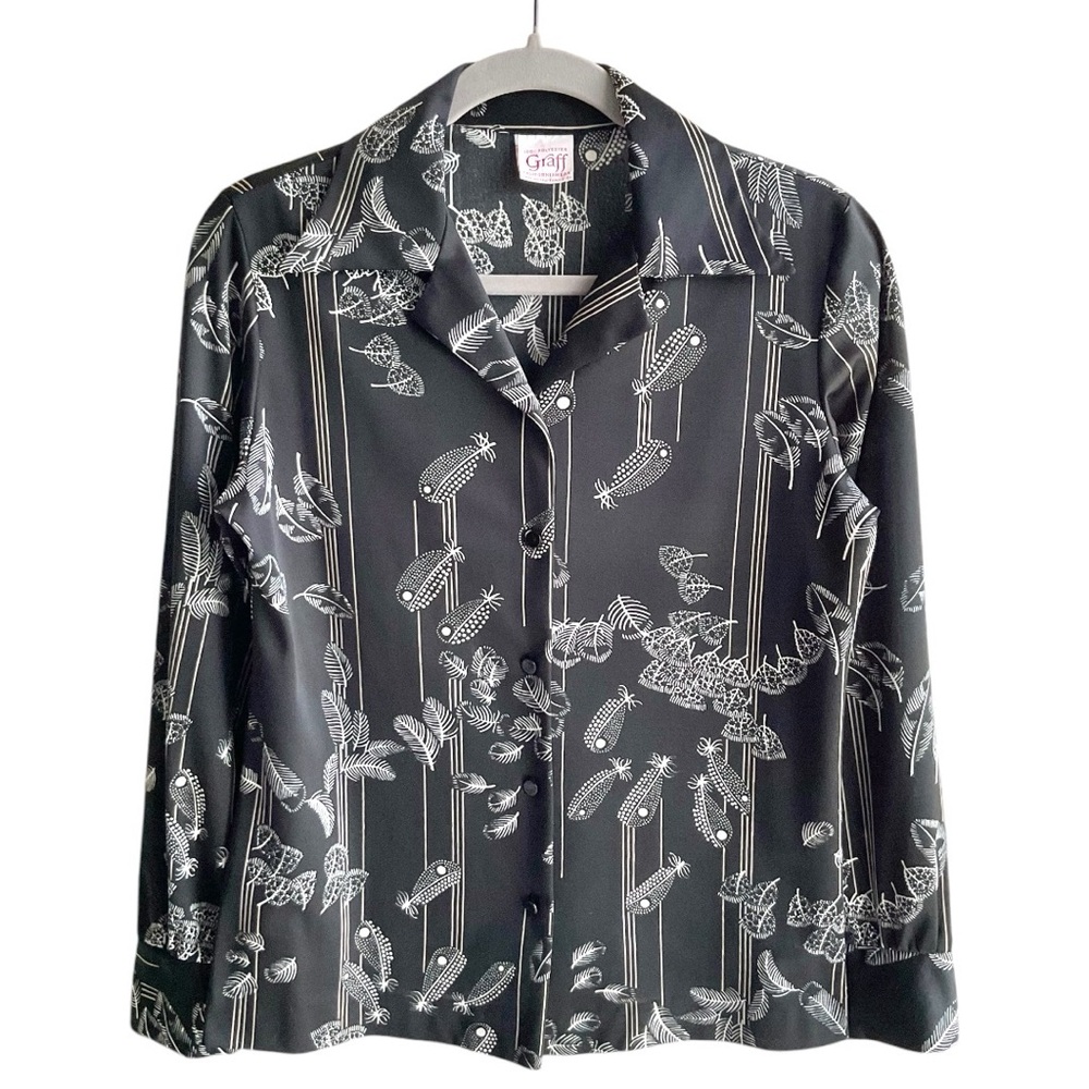 Graff Californiawear 70s Feather Print Button Up Top Size Small Black White
